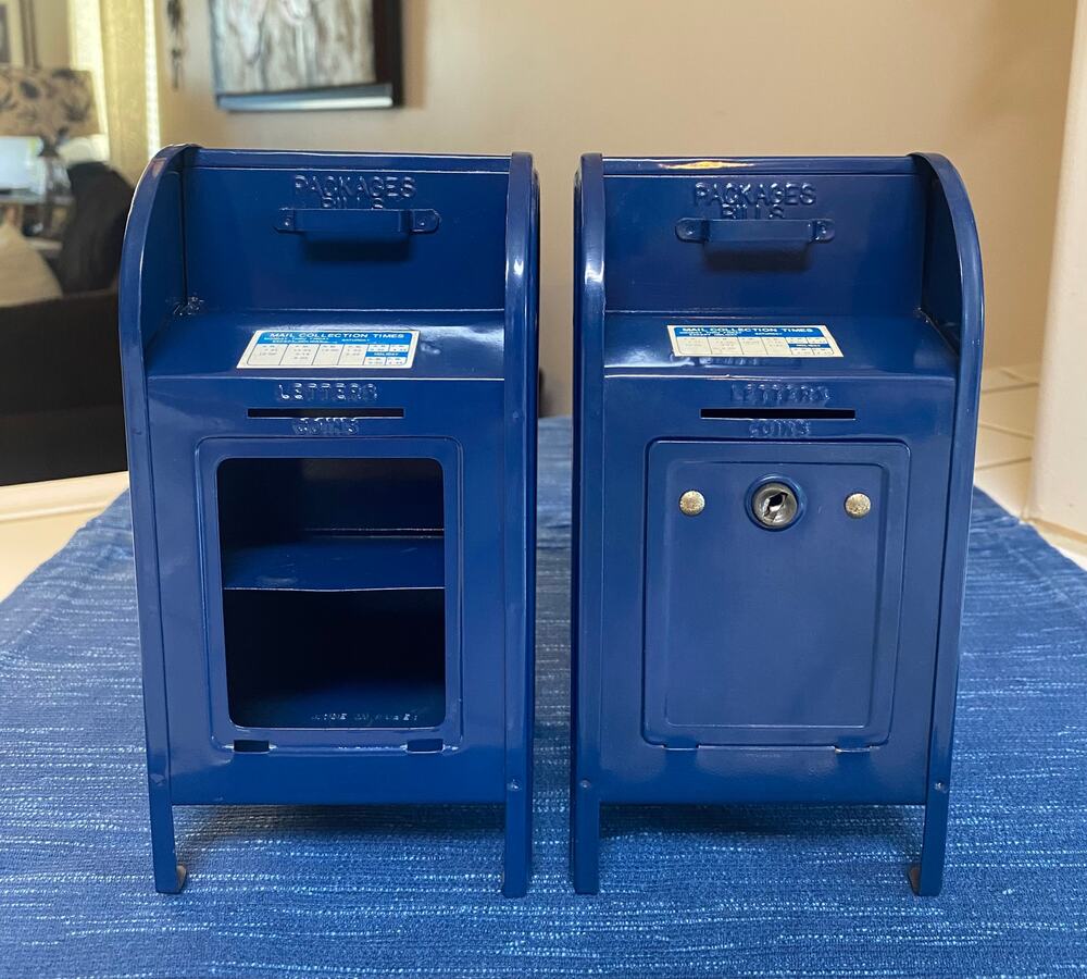 Pair Incomplete Vintage 8" US Mail Blue Metal Mailbox Coin Bank USPS